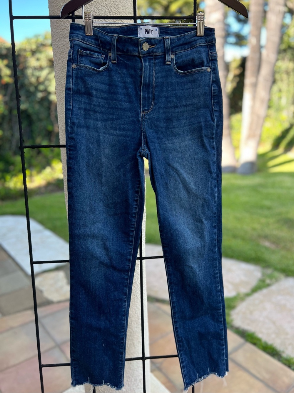 PAIGE Dark Wash Hoxton Slim Raw Hem Ankle Jeans, 28”